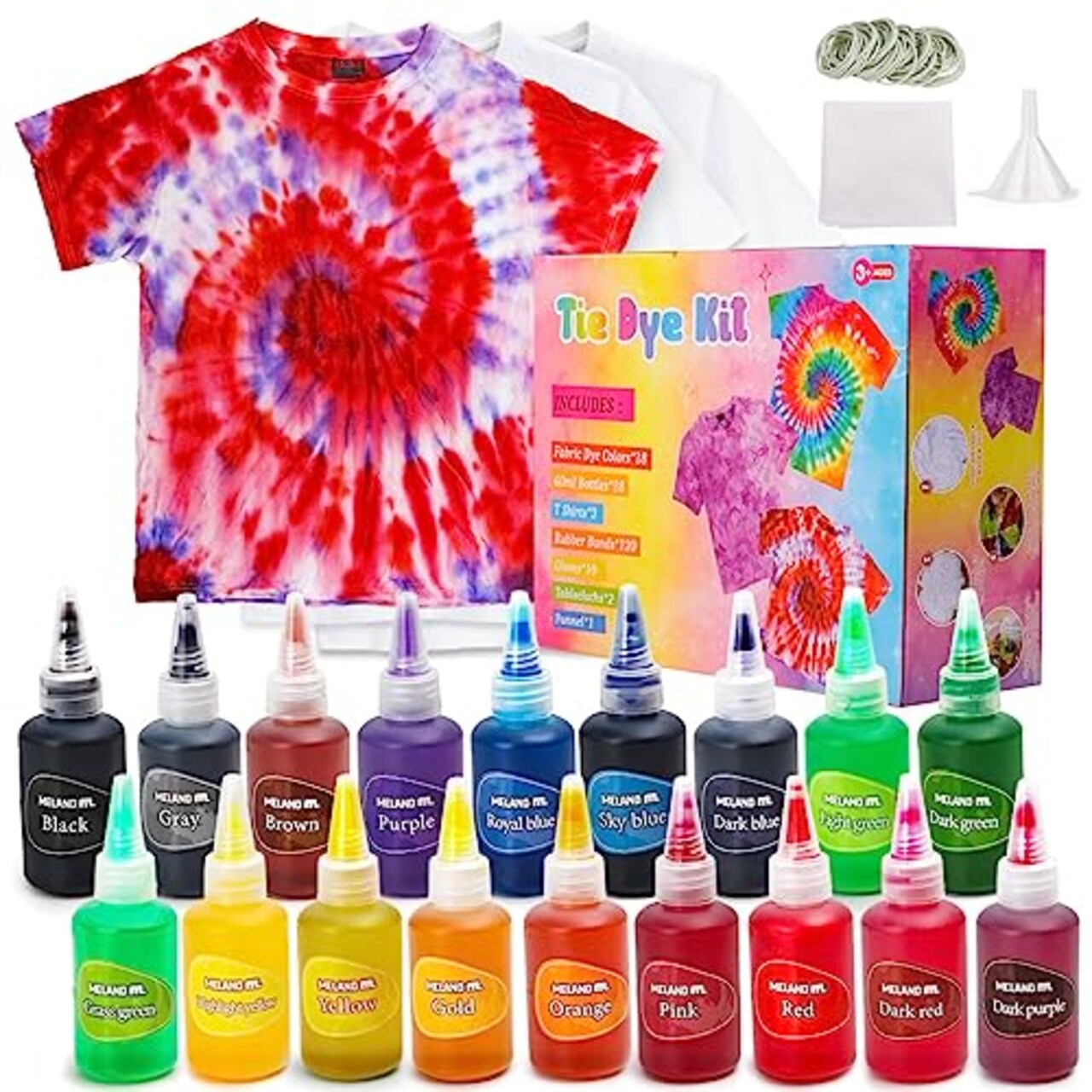 Meland Tie Dye Kit with 3 White T-Shirts, 18 Colors DIY Fabric Tye Dye for